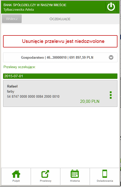 8. Lokaty PULPIT -> LOKATY Opcja wyświetla listę Twoich lokat (numer rachunku i nazwa lokaty) dostępnych do obsługi przez Internet wraz z bieżącym saldem, walutą lokaty i datą zapadania (czyli datą,