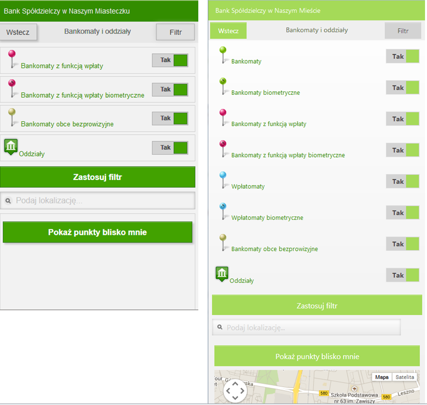 Rys. 5. Dwa przykładowe okna z rozwiniętym filtrem bankomatów i oddziałów. 6. Pulpit Interfejsu Bankowości Internetowej na urządzenia mobilne.