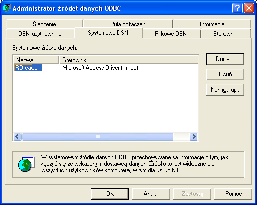 d) w pole Nazwa źródła danych wpisać RDreader (bez cudzysłowów) i przycisnąć OK; e) Na liście systemowych źródeł danych pojawi się nowa pozycja: f) zakończyć procedurę klikając OK.