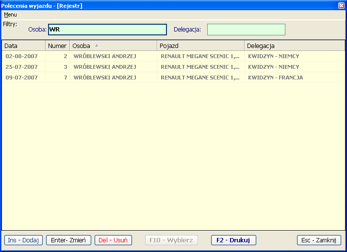 Polecenia Wyjazdu [Rejestr]: (rejestr delegacji) Okno rejestru delegacji podzielone zostało na dwie części.