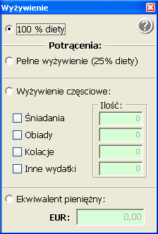 Nowa delegacja Wyżywienie: W przypadku rozliczania wyżywienia w krajowej części delegacji do dyspozycji użytkownika jest pole: Zapewnione całodzienne wyżywienie, określające rozliczenie diety zgodnie