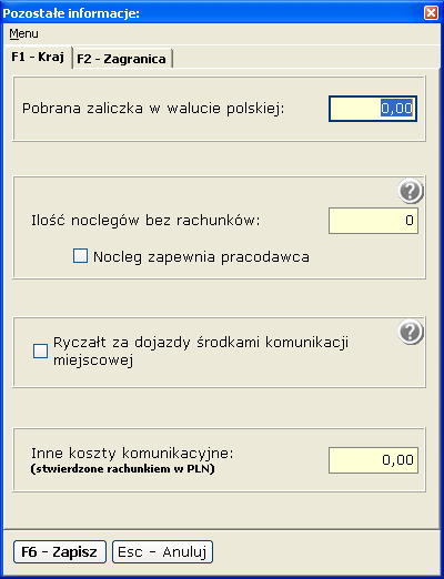 Nowa delegacja Inne: W celu określenia pozostałych opcji rozliczanej delegacji, do dyspozycji użytkownika pozostaje, specjalnie zaprojektowane okno dialogowe (rys. poniżej) [Pozostałe informacje].