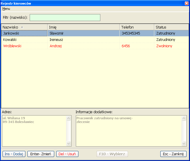 Rejestr kierowców / pracowników: System DelegacjeSQL umożliwia prowadzenie ewidencję (rejestr) pracowników z możliwością ustawiania dla każdego z pracowników statusu: [Zwolniony/Zatrudniony].