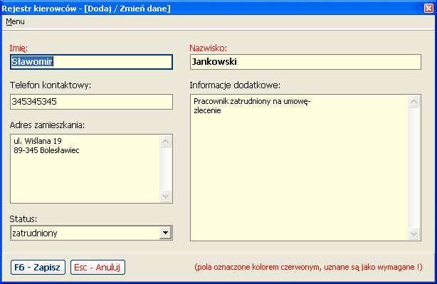 Rejestr kierowców / pracowników [Dodaj / Zmień dane]: Poniższe okno dialogowe, służy zarówno do wprowadzenia nowego pracownika, jak i jego modyfikacji.