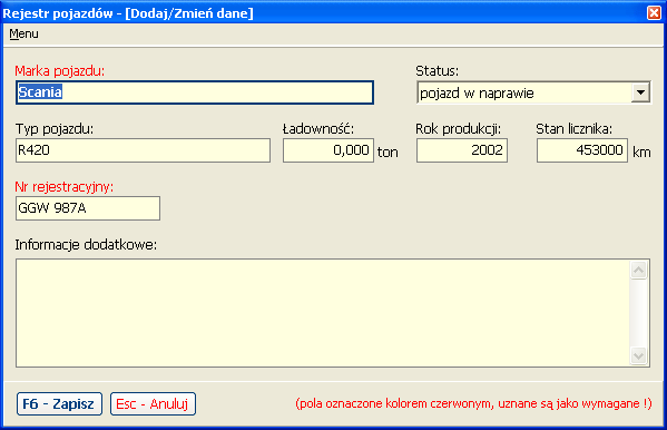 Rejestr pojazdów [Dodaj / Zmień dane]: Poniższe okno dialogowe, służy zarówno do wprowadzenia nowego pojazdu, jak i jego modyfikacji.