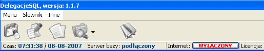 Pierwsze kroki: Okno główne programu DelegacjeSQL stanowi pasek narzędzi, umiejscowiony domyślnie w górnej części ekranu....lewa część okna głównego: Bieżąca data i czas systemu.