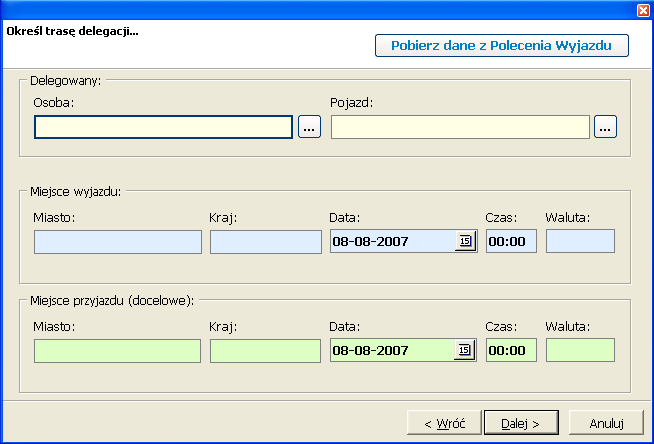 Kreator delegacji [Krok: 1]: W pierwszym kroku kreatora, należy wprowadzić miejsce wyjazdu (miasto i kraj) oraz datę i godzinę wyjazdu.