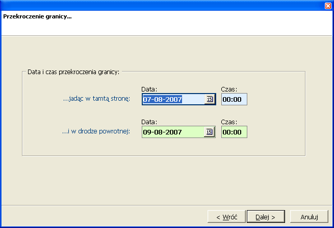 Kreator delegacji [Krok: 3]: W trzecim kroku kreatora delegacji, należy podać daty i godziny przekroczenia granicy Polski i tak, w polach oznaczonych kolorem jasnoniebieskim datę i czas przekroczenia