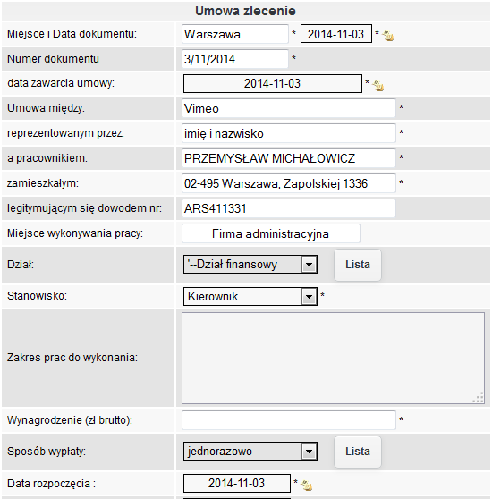 rys. 9 Formularz dodawania umowy Dodatkowo można podać zakres obowiązków. Informacje o normach dobowych oraz urlopie są wyznaczane automatycznie. Po wprowadzeniu danych klikamy Zapisz.