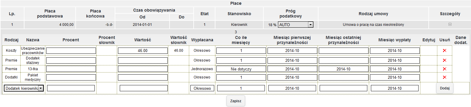 rys. 28 Lista pensji W każdym wierszu z wynagrodzeniem znajduje się przycisk Anuluj, który pozwala anulować umowę.