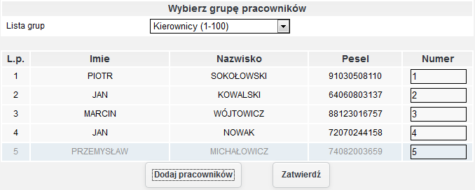 pracownik jest wybrany do przeniesienia do innego działu oraz w kolumnie Cofnij przydział pojawi się ikona krzyżyka umożliwiająca cofnięcie przydziału dla danego pracownika. rys.