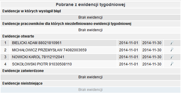 ewidencje zatwierdzone, które nie zostały zmodyfikowane poprzez operację, ewidencje nieistniejące. rys. 67 Tabela przedstawiająca wynik pobrania danych z ewidencji tygodniowych.