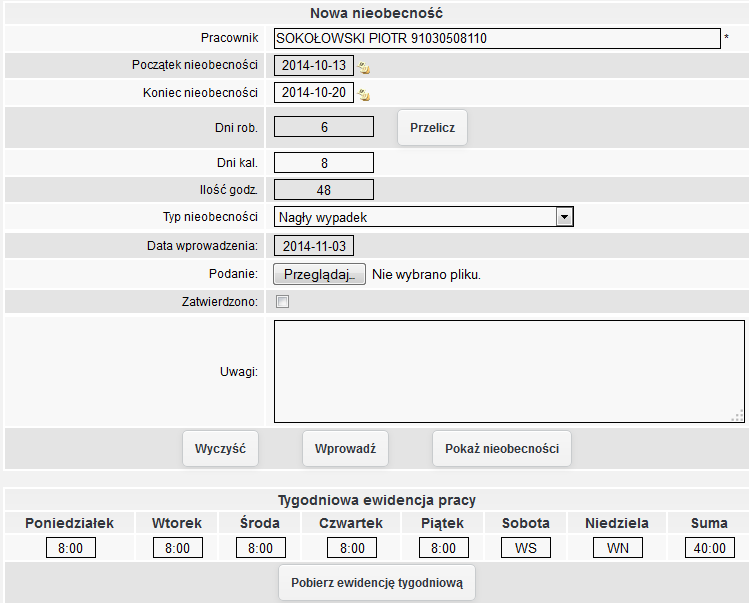 uzupełnienie widnieje na rysunku. rys. 79 Wprowadzanie nieobecności W polu Pracownik wpisujemy nazwisko lub PESEL wybranego pracownika.