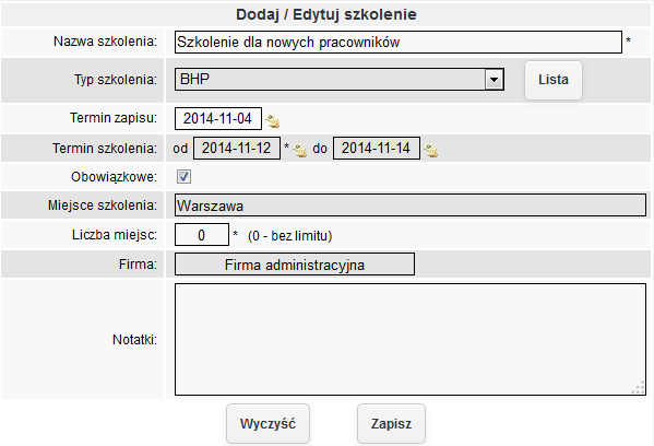 Typ szkolenia ma wpływ na wydruki związane ze szkoleniami, o których będzie mowa w dalszej części dokumentu oraz na termin ważności szkolenia.