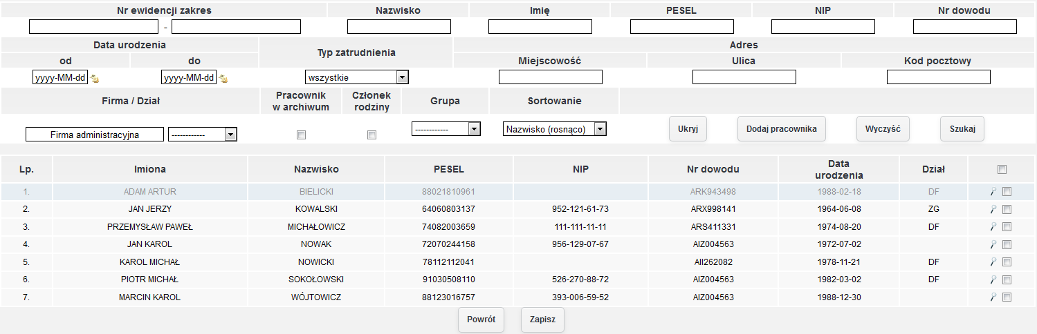 rys. 103 Przykładowy wydruk listy pracowników Uzupełnij ważności Przycisk Uzupełnij ważności służy do uzupełniania ważności szkoleń w latach na podstawie słownikowej ważności dla typu szkolenia lub