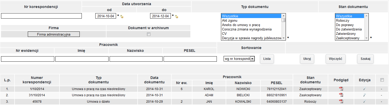 rys. 108 Przykładowy uniwersalny wydruk dla innych szkoleń Lista dokumentów Lista dokumentów jest dostępna w menu Kadry Lista dokumentów.