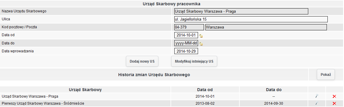 Urząd skarbowy Blok przedstawia informację na temat urzędu skarbowego pracownika oraz okres, w jakim pracownik podlegał pod dany urząd.