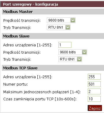 38 6.6.4. Konfiguracja portu szeregowego Konfiguracja portu szeregowego umożliwia skonfigurowanie ustawień Modbus Master, Modbus Slave oraz Modbus TCP Slave.