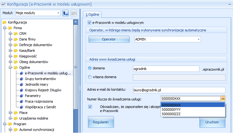 Adres świadczenia usługi - domenę, w której dostępny będzie Comarch ERP e-pracownik. Może to być adres w domenie *.epracownik.pl (domena Comarch) lub we własnej domenie.