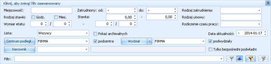 Panel wyszukiwania - funkcja ta umożliwia szybkie wyszukiwanie osób po zadanym przez Użytkownika parametrze, między innymi po: dacie zatrudnienia, stanowisku, stawce zaszeregowania, wymiarze etatu,