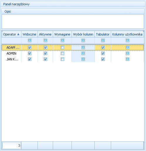 4.1.1 Panel narzędziowy Panel znajduje się w lewej części okna personalizacji. Umożliwia określenie warunków dla poszczególnych operatorów, dla zaznaczonych elementów formularza.