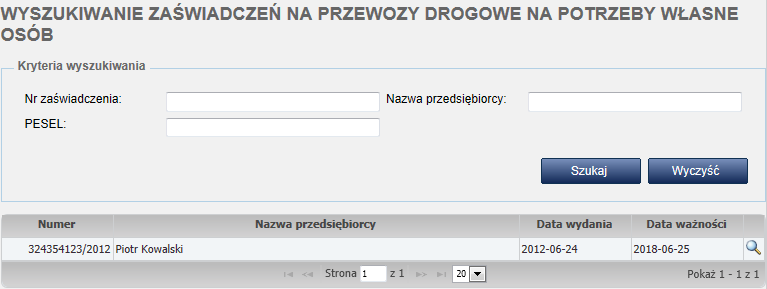 Tytuł dokumentu: Obsługa licencji, zaświadczeń i zezwoleń transportowych w systemie Strona 32 z 61 wykorzystaniu kolumny Data modyfikacji.