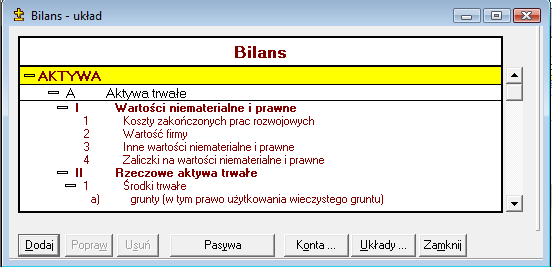 bilansowe, muszą być przyporządkowane właściwe pozycje w układzie bilansu. Definiować lub modyfikować można opis pozycji oraz jej miejsce w hierarchii bilansu.