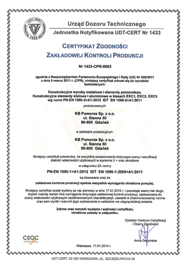 normami: PN-EN ISO 9001:2009, PN-EN ISO 14001:2005, PN-N-18001:2004 w zakresie: Projektowanie, wytwarzanie, montaż, remonty i modernizacje rurociągów, zbiorników, konstrukcji stalowych, kompletnych