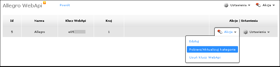 Po pomyślnym dodaniu nowego WebApi Allegro, kliknij przy nim przycisk Akcja > Pobierz/Aktualizuj kategorie.