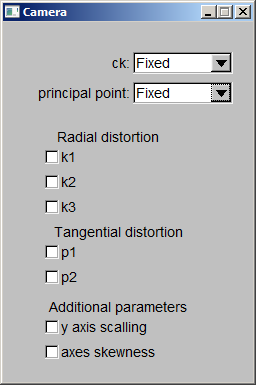 W Oknie Camera zakładamy, że stała kamery oraz współrzędne punktu głównego będą traktowane jako wielkości stałe a pozostałe parametry nie będą szacowane. Okno Camera powinno wyglądać jak poniżej.