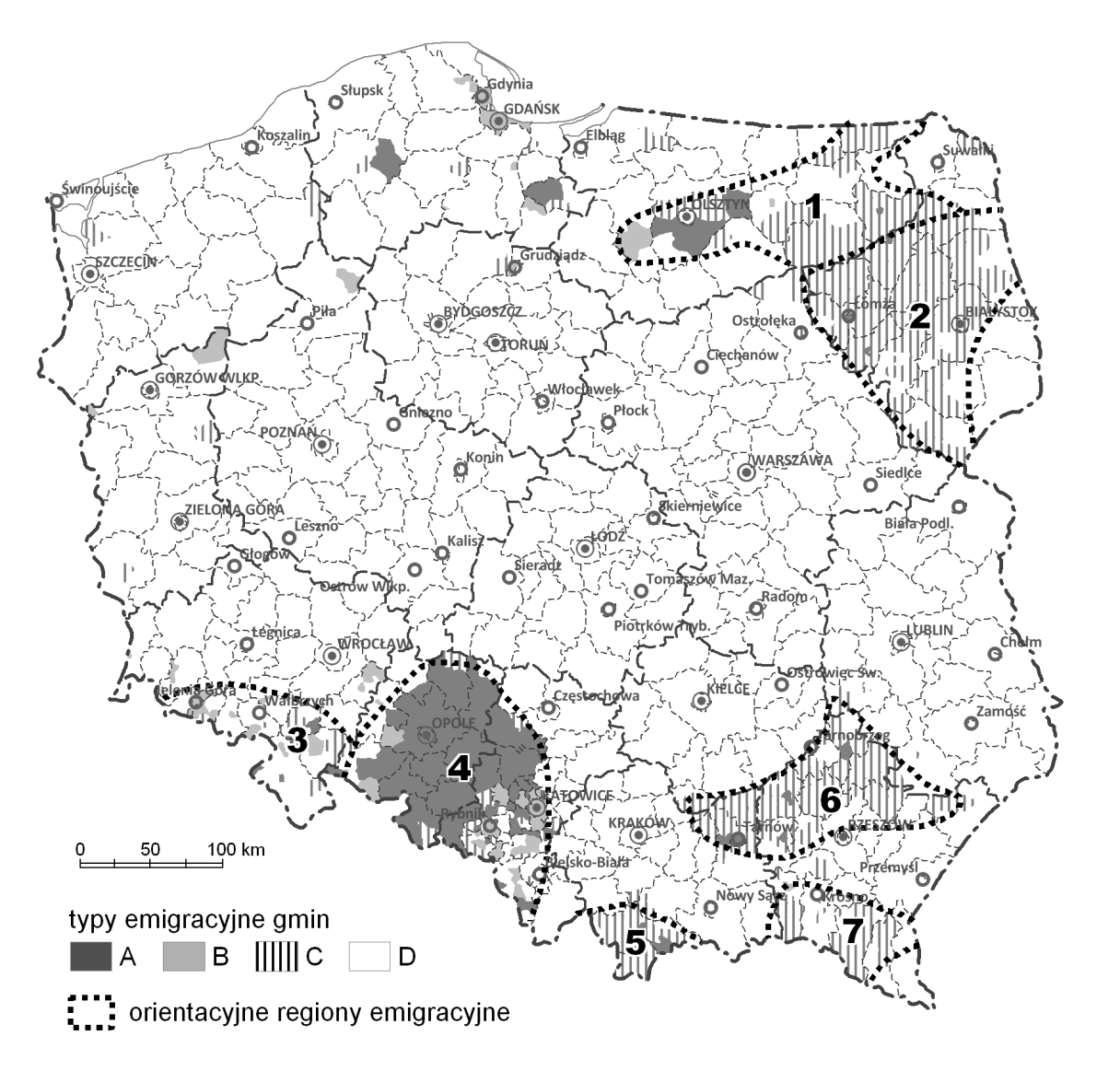 A wysoki udział wymeldowań i pobytów czasowych (odpowiednio >2% i >3% populacji); B wysoki udział wymeldowań i niski udział pobytów czasowych (>2%, <3%); C niski udział wymeldowań i wysoki udział