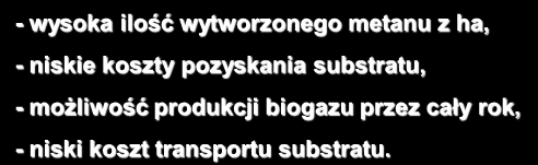 PODSUMOWANIE Opłacalność funkcjonowania biogazowni z wykorzystaniem substratu roślinnego to: - wysoka ilość wytworzonego metanu z ha, - niskie koszty pozyskania substratu, - możliwość produkcji