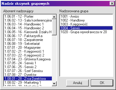 3.4.6.4.Zakładka: Nadzór skrzynek grupowych Okno zawiera listę zdefiniowanych przyporządkowań Abonentowi nadzorującemu Nadzorowanych grup (posiadających aktywne Skrzynki grupowe).