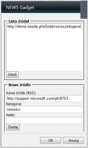 .3. Ustawienia Gadgeta w zależności od rodzaju źródeł.3.. RSS Aby dodad do Gadgeta nowe źródła RSS, bądź nowe kategorie ze źródeł już zdefiniowanych, należy w pierwszej kolejności wejśd w ustawienia Gadgeta za pomocą.