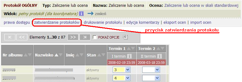 Rysunek 9: Zapisywanie zmian / przełączanie protokołu (przód/tył) UWAGA: Jednorazowo wyświetla się maksymalnie 30 osób (można zmienić liczbę wyświetlanych osób na stronie wybierając z menu zakładkę