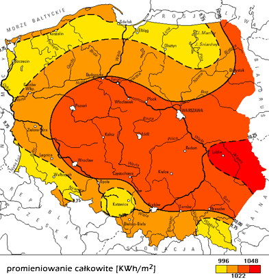 Poniżej przedstawiono mapę Polski obrazującą wielkość promieniowania słonecznego docierającego do powierzchni Ziemi.