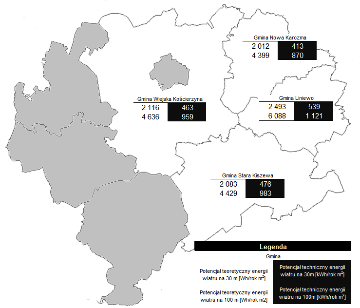 Na poniższym rysunku przedstawiono potencjał energii wiatru na terenie powiatu. Rys. 52.