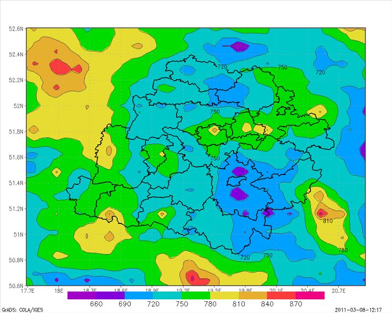 Dziennik Urzędowy Województwa Łódzkiego 53 Poz. 3471 Opady atmosferyczne Rys. 5. Przestrzenny rozkład rocznych sum opadów atmosferycznych wyznaczonych przez model WRF/CALMET dla strefy łódzkiej w 2010 roku.