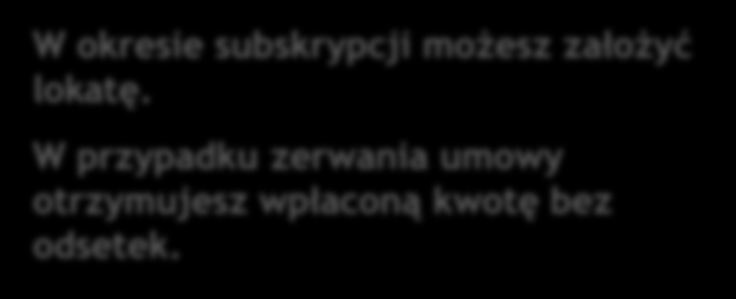 Jak funkcjonuje Lokata Inwestycyjna Stabilny Dolar III Pakiet? W okresie subskrypcji możesz założyć lokatę. W przypadku zerwania umowy otrzymujesz wpłaconą kwotę bez odsetek.