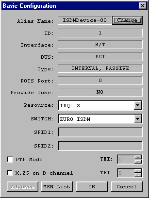 Okno to pokazuje aktualnie zainstalowane urządzenia ISDN z odpowiadającymi im nazwami ISDNDevice-XX (w naszym przykładzie ISDNDevice-00), porty ISDNDevice w części NDISWAN Ports, wirtualne porty COM