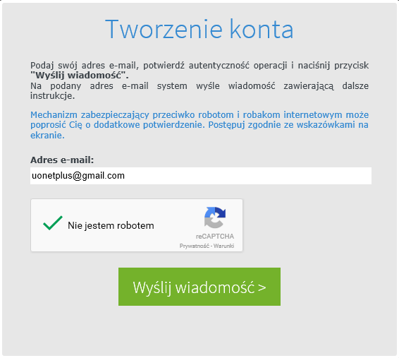 3. Zaznacz opcję "Nie jestem robotem", a następnie kliknij przycisk "Wyślij wiadomośd". Jeśli po kliknięciu opcji "Nie jestem robotem" rozwinie się okienko weryfikacji, wykonaj polecane czynności (np.