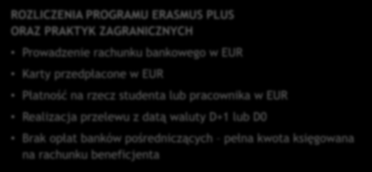 ROZLICZENIA PROGRAMU ERASMUS PLUS ORAZ PRAKTYK ZAGRANICZNYCH Prowadzenie rachunku bankowego w EUR Karty przedpłacone w EUR Płatność na rzecz