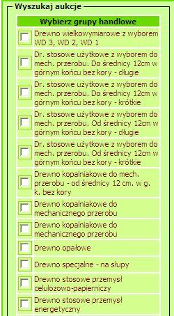 W następnym kroku użytkownik może wybrać wyszukiwanie aukcji według sortymentów lub według grup handlowych (Rys. 19).