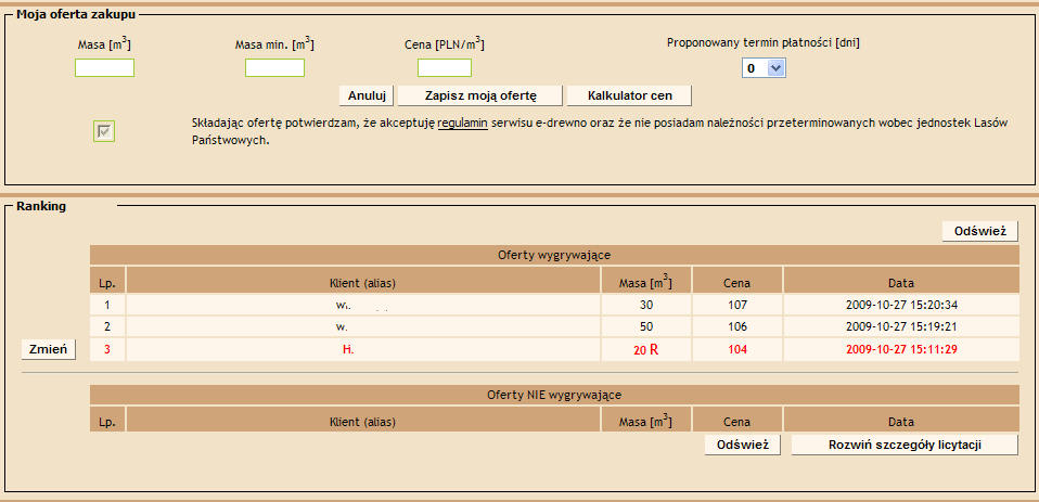 Rys. 28 Tytuł okna licytacji jest zbudowany z nazwy RDLP oraz jednostki organizacyjnej LP, która organizuje aukcję, kodu gatunku, sortymentu, grupy handlowej oraz kolejnego numeru aukcji. 4.7.1.