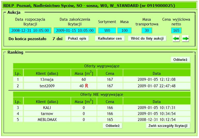 Tabela zawiera pola (Rys. 32): Lp. miejsce na liście wygrywających i przegrywających, Klient alias licytującego klienta, Masa [m 3 ] masa wygrana, Cena cena zaproponowana przez klienta, Rys.