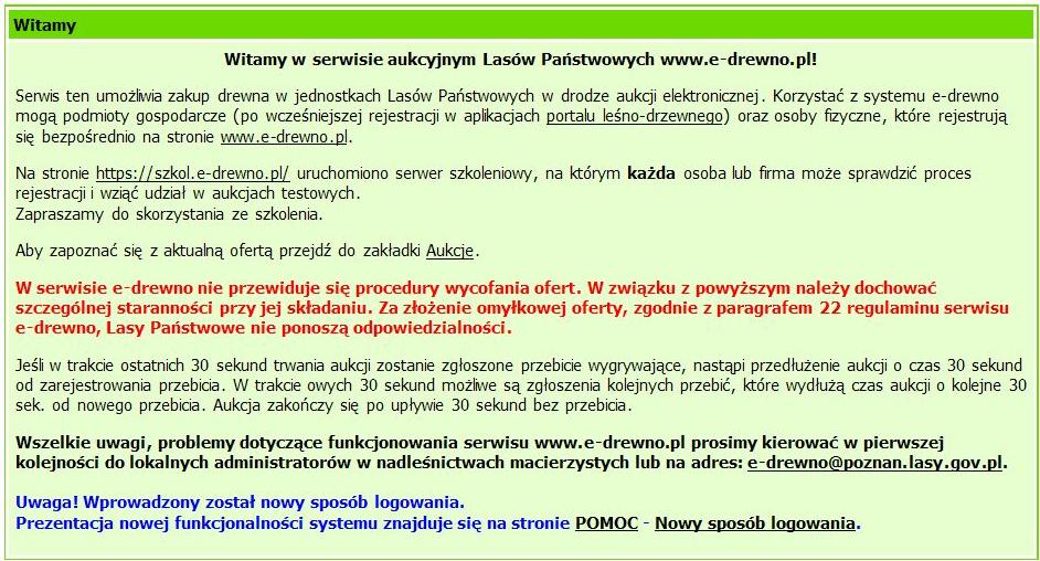 3.1. Nagłówek serwisu W nagłówku serwisu e-drewno, zarówno na ekranie administratorów, jaki i użytkowników prezentowane jest logo Lasów Państwowych, logo serwisu e-drewno oraz nazwa i adres DGLP.