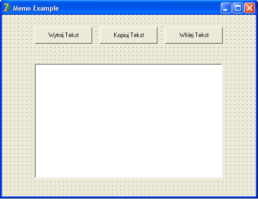 Aplikacja wyświetla okno do wpisywania tekstu i tworzy pasek z przyciskami. Przyciski paska umożliwiają kopiowanie, wycinanie oraz wklejanie tekstu.
