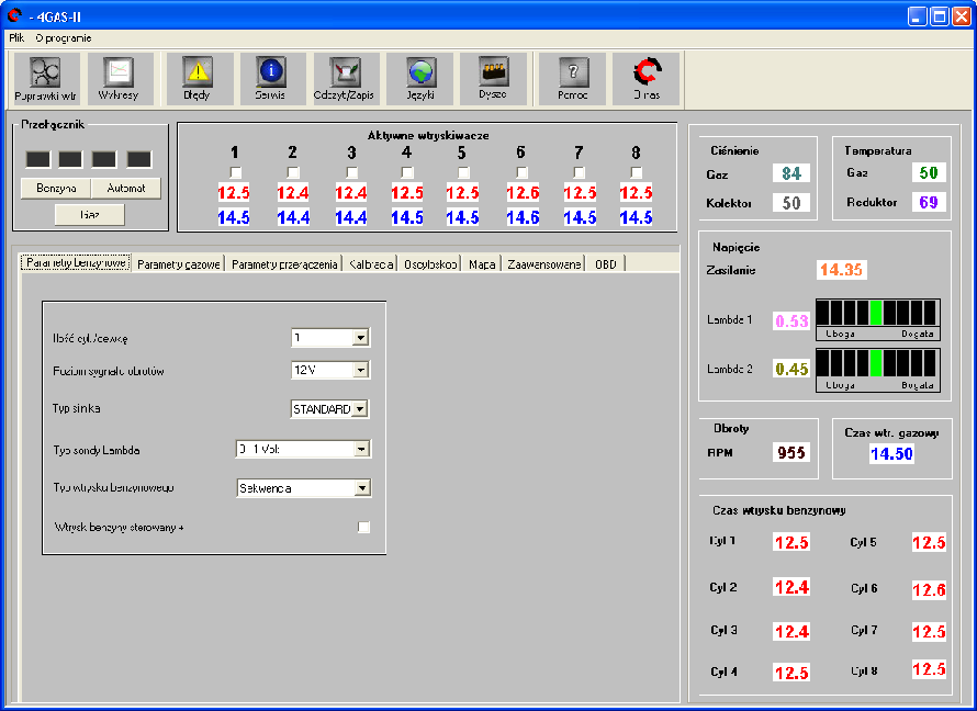 2.2. Okno główne programu W górnej części okna głównego dostępne są następujące ikony: Poprawka wtryskiwaczy opcja ta umożliwia modyfikację korekcji/poprawki stałoczasowej (w ms) poszczególnych