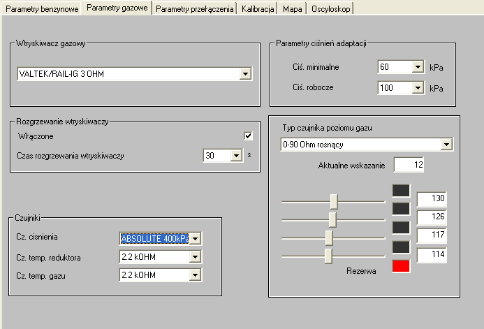 2.3.2. Parametry gazowe Następnym krokiem będzie prawidłowy wybór typu listwy wtryskowej (dla wtryskiwaczy RAILGAS 3 Ohm należy wybrać VALTEK/RAIL/H2000 3 Ohm).