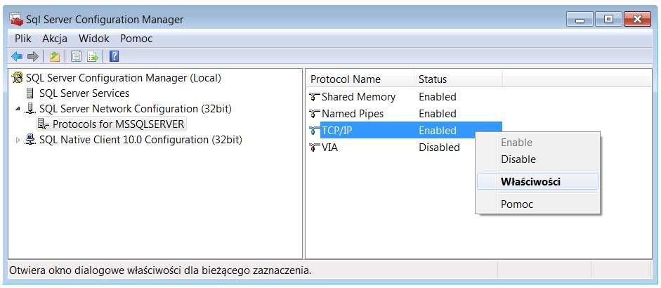 Po prawej stronie należy zaznaczyć TCP/IP, kliknąć prawym przyciskiem myszy i wybrać opcję Właściwości.